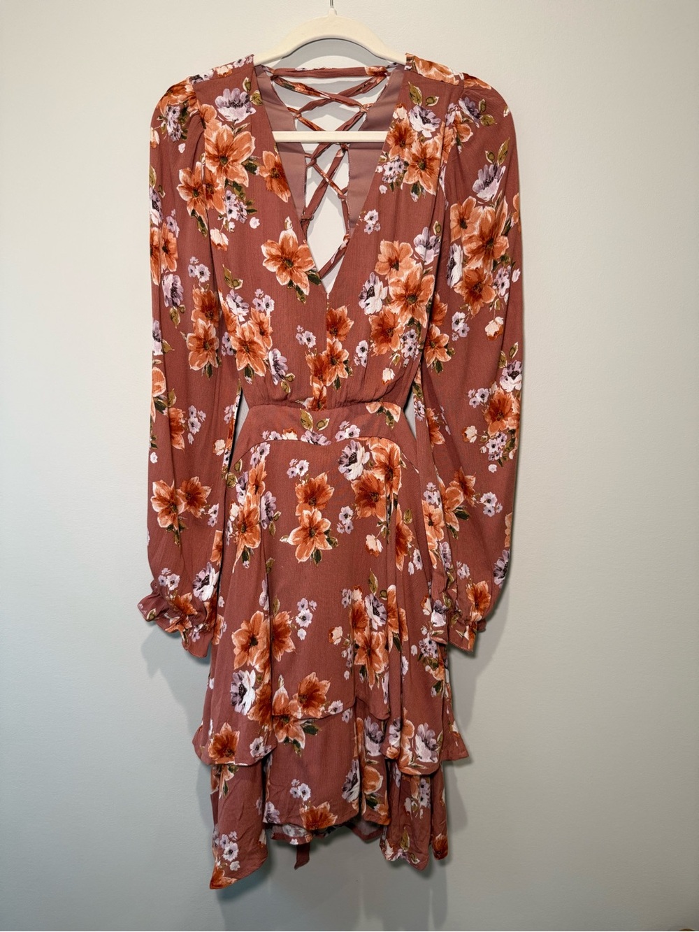 Altar'd State Rust Floral Ruffle Mini Dress - Size Large - Boho Open Back